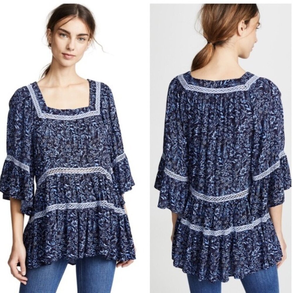 FREE PEOPLE Talk About It Tunic Blue Floral Oversized Lace Trim Square Neck